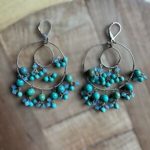 Vintage Hoop Dangle Earrings 2.5 Inch Turquoise Crystal Beads 925 Sterling 14.6g